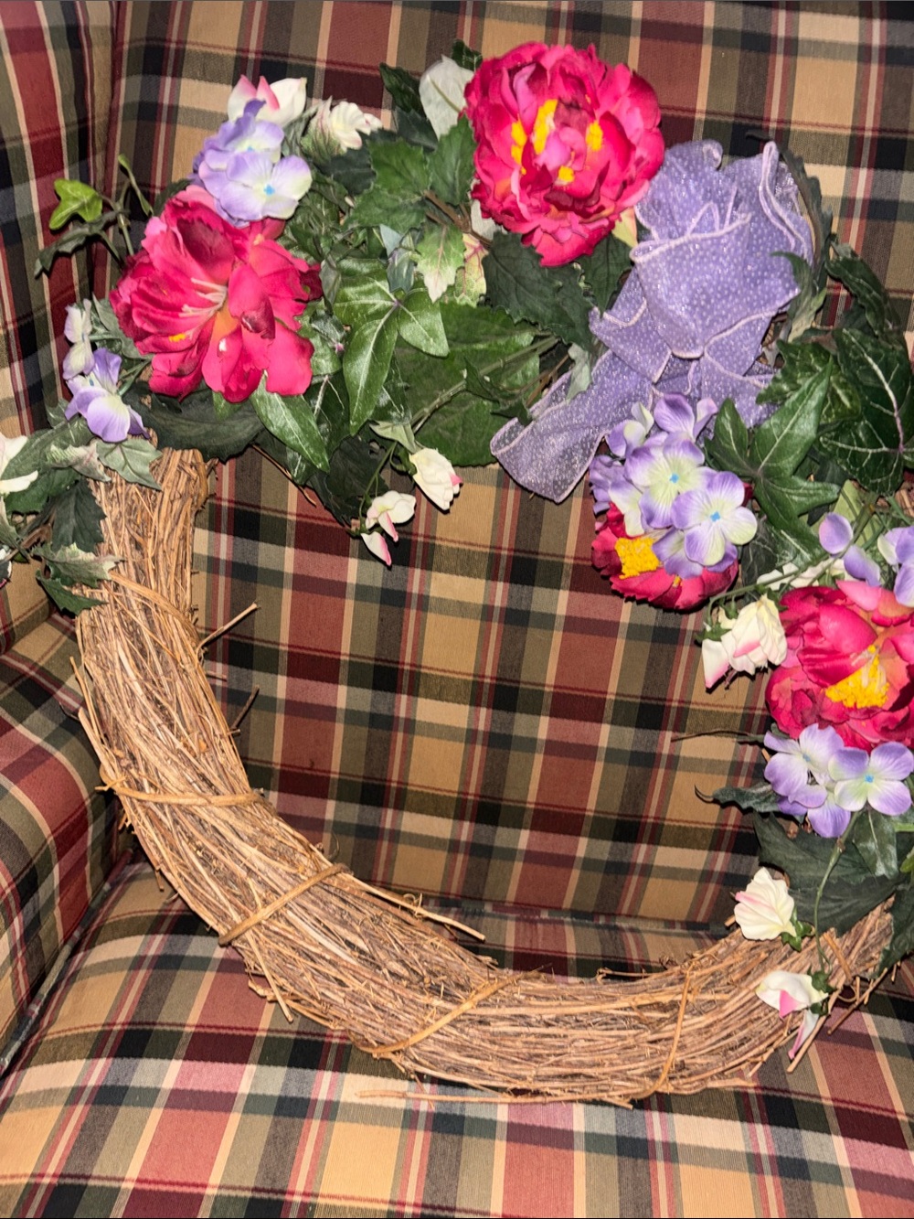 Feminine Floral Grapevine Wreath with Pink, Purple and Green 19 inches